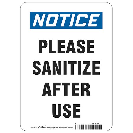 Zoro Select Please Sanitize After Use Sign, 10" W x 14" H, English, Polyester, White HWN836T1410