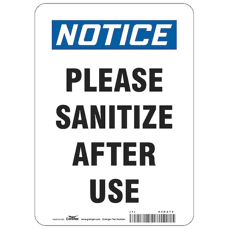 Zoro Select Please Sanitize After Use Sign, 10" W x 14" H, English, Aluminum, White HWN836A1410