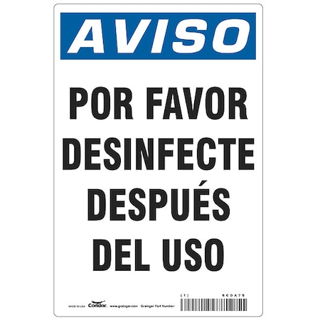 Zoro Select Spanish Por Favor Desinfecte Sign, 10 in Height, 7 in Width, Polyester, Rectangle, Spanish HWN838T1007