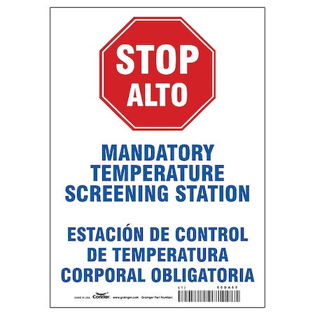 Zoro Select Temperature Screening Sign, 10" W x 14" H, English, Spanish, Aluminum, White HWB770A1410