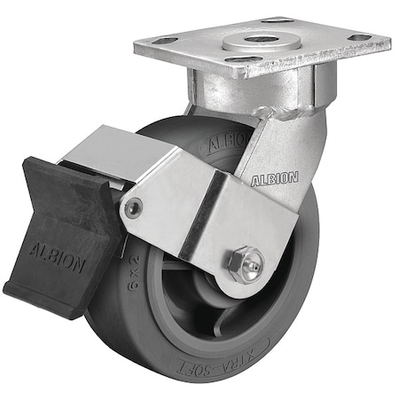 Albion 6" X 2" Non-Marking Rubber Soft Flat Swivel Caster, Face Brake, Loads Up To 600 lb 18XS06229SFBE
