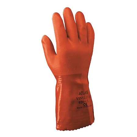 Showa Atlas 620 Chemical Resistant Gloves, Cotton, PVC, 12 in L, Orange, L, 1 PR 620L-09-V