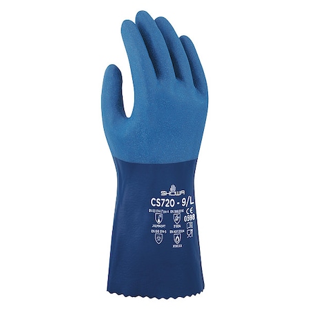 Showa CS720 Chemical Resistant Gloves, Cotton, Nitrile, Polyester, 12 in L, 1.23 mm, Blue, XL, 1 PR CS720XL-10