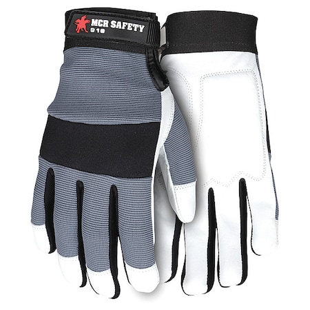Mcr Safety 919 Mechanics Gloves, Goatskin Palm, Nylon, Spandex Back, M, Gray/White 919M