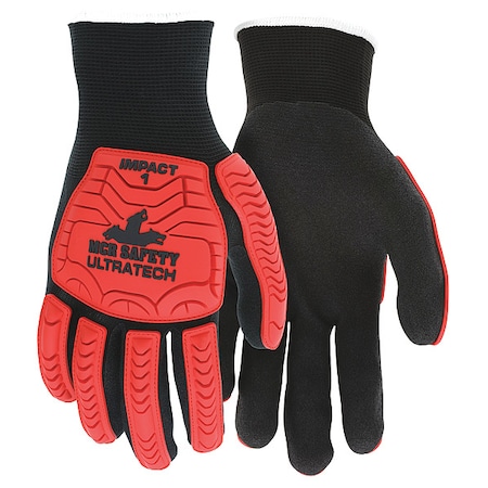 Mcr Safety Coated Gloves, Nitrile, Dotted, Palm and Fingers, 3 Abrasion Level, Black/Red/White, XL (10) 12 PK UT1950XL
