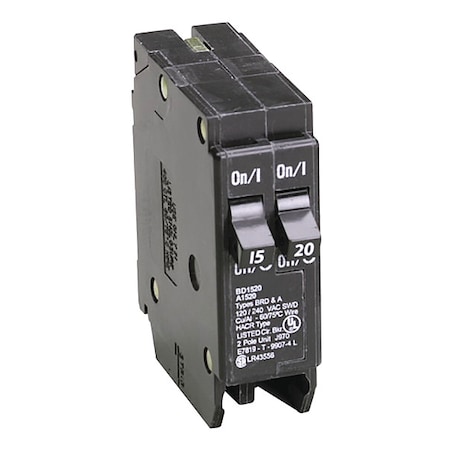Eaton Circuit Breaker, BD Series, 15/20A, 1 Pole, 120V AC, 10kA BD1520