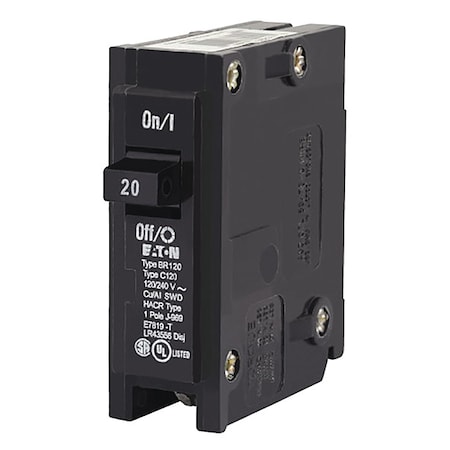 EATON Circuit Breaker, 20 A, 120/240V AC, 1 Pole, Plug In Mounting Style, BR Series BR120