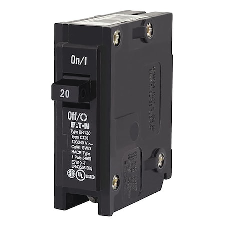 Eaton BR120 $11.34 Circuit Breaker, 20 A, 120/240V AC, 1 Pole, Plug In