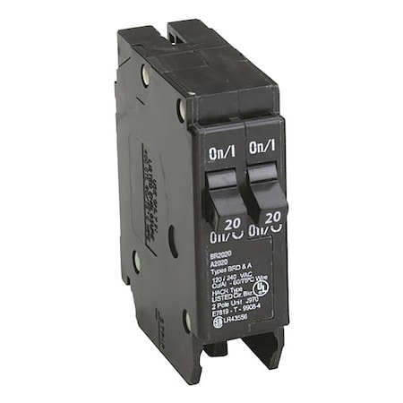 Eaton Circuit Breaker, BR Series, 20A, 2 Pole, 120V AC, 10kA BR2020