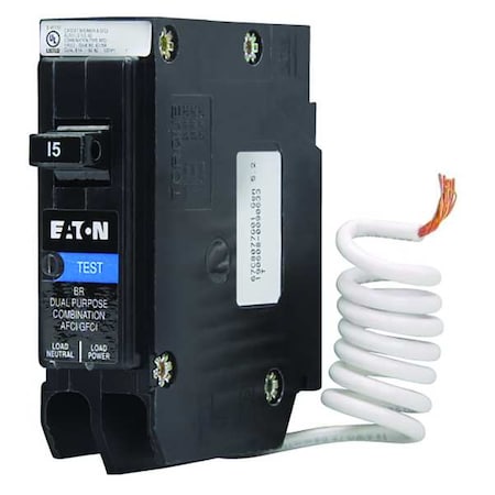 Eaton Circuit Breaker, BR Series, 15A, 1 Pole, 120V AC, 10kA BRN115DF