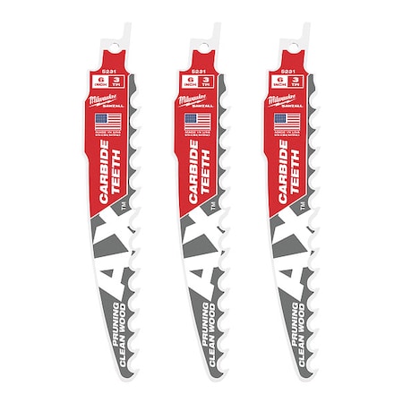 Milwaukee Tool 6 in. 3 TPI SAWZALL THE AX w/ CARBIDE TEETH Reciprocating Saw Blade for Pruning & Clean Wood (3 pk) 48-00-5331