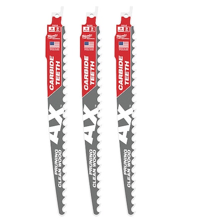 Milwaukee Tool 9 in. 3 TPI SAWZALL THE AX w/ CARBIDE TEETH Reciprocating Saw Blade for Pruning & Clean Wood (3 pk) 48-00-5332