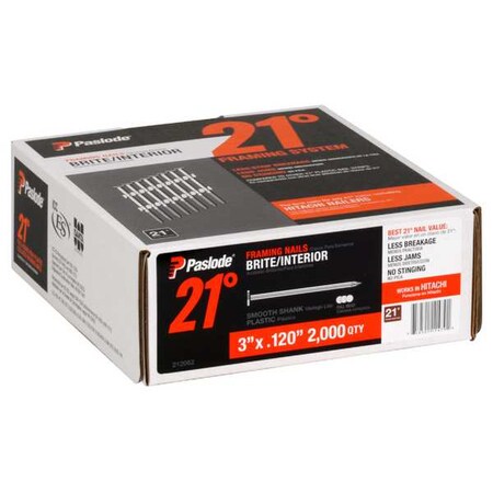 Paslode Collated Framing Nail, 3 in L, Not Applicable, Brite, Flat Head, 21 Degrees, 2000 PK 212062