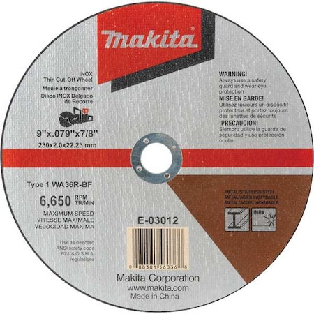 Makita Abrasive Cut-Off Wheel, Type 1, 9 in Dia, 0.079 in Thick, 7/8 in Arbor Hole Size, Aluminum Oxide E-03012