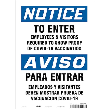 Condor Employee and Visitor Vaccine Proof Safety Sign, 14 in Height, 10 in Width, Plastic 60XZ70
