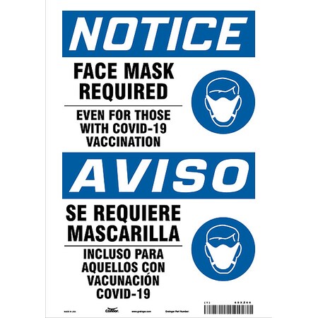 Condor Facemask Reminder Safety Sign, 14 in Height, 10 in Width, Vinyl, English, Spanish 60XZ66