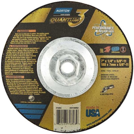 Norton Abrasives Depressed Center Grinding Wheel, Type 28, 7 in Dia, 0.25 in Thick, 5/8"-11 Arbor Hole Size, Ceramic 66253370803