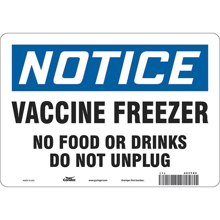 Condor Vaccine Freezer Sign, 10 in W x 7 in H, English, Vinyl, White 60YF85