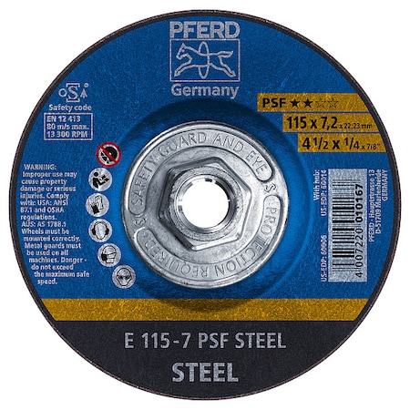 Pferd 4-1/2" x 1/4 Grinding Wheel, 5/8-11 Thd. - PSF STEEL - Type 27 60014
