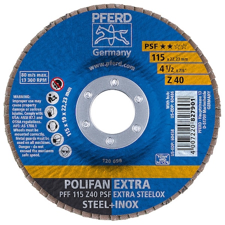 Pferd 4-1/2" x 7/8" A.H. POLIFAN Flap Disc - Z PSF EXTRA STEELOX, Zirconia, 40 Grit, Flat 60458