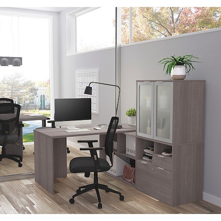 Bestar L Shaped Desk L-Desk, I3 Plus, Frosted Door Hutch, 59.3" D X 56.8" H, 71.1" W X Melamine, Bark Gray 160851-47
