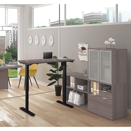 Bestar L Shaped Desk Ht Adj L-Desk, Frosted Door, Bark Gray, 65.8" D X 56.8" H, 71.1" W X Melamine 160886-47