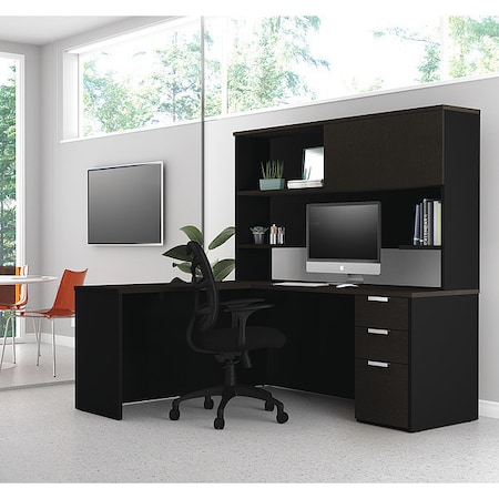 Bestar L Shaped Desk L-Desk, Hutch, Deep Grey/Black, 62.9" D X 70.1" H, 71.1" W X Melamine, Deep Gray/Black 110886-32