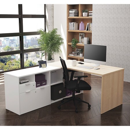 Bestar L Desk L-Desk, 2Drawers, Northern Maple/White, 59.3" D X Northern Maple/White, Melamine 160850-3817
