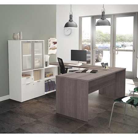 Bestar U Shaped Desk U Desk, Frosted Door, Bark, Gray, White, 88.6" D X 56.8" H, 71.1" W X Melamine 160861-4717