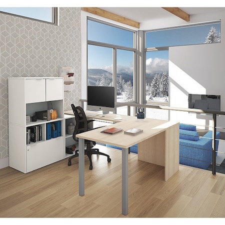 Bestar U Desk with Hutch, 88.6" D, Northern Maple/White, Melamine 160863-3817