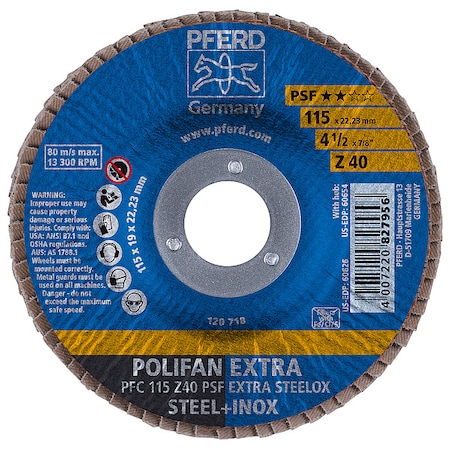 Pferd 4-1/2" x 7/8" A.H. POLIFAN Flap Disc - Z PSF EXTRA STEELOX, Zirconia, 40 Grit, Conical 60626