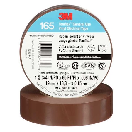3M Vinyl Electrical Tape, 165 Temflex, 3/4 in W x 60 ft L, 6 mil Thick, Brown, 1 Pk 165BR4A