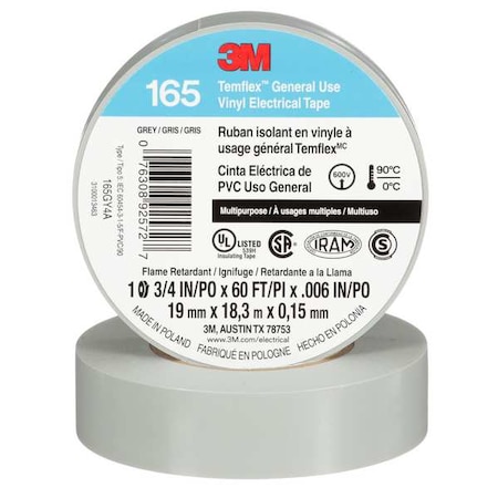 3M Vinyl Electrical Tape, 165 Temflex, 3/4 in W x 60 ft L, 6 mil Thick, Gray, 1 Pk 165GY4A