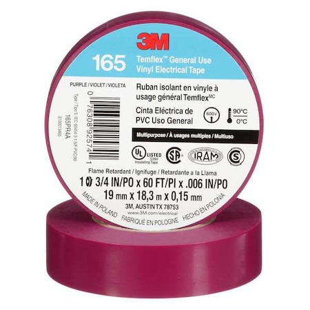 3M Electrical Tape, Vinyl, Purple, 20 yd L, 3/4 in W 165PR4A
