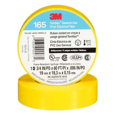 3M Electrical Tape, Vinyl, Yellow, 20 yd L, 3/4 in W 165YL4A