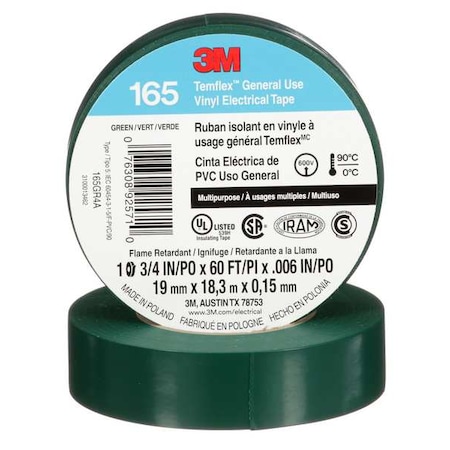 3M ElectricalTape, Vinyl, Green, 20ydL, 3/4inW 165GR4A