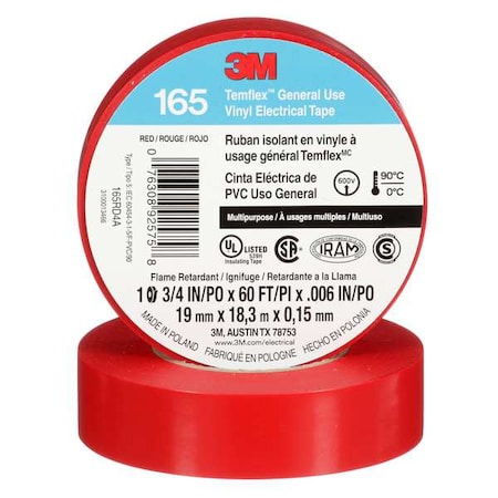 3M Vinyl Electrical Tape, 165 Temflex, 3/4 in W x 60 ft L, 6 mil Thick, Red, 1 Pk 165RD4A