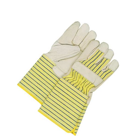 Bdg Leather Gloves, Cowhide, Gauntlet Cuff, Wing Thumb, Full Finger, Beige / Blue/Yellow, L, 1 PR 40-1-1511W-5