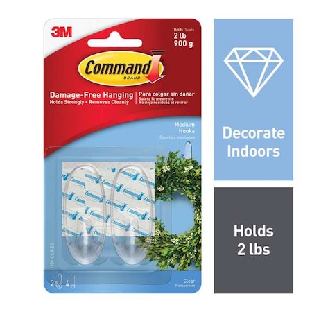 Command Hook, Clear, Plastic, 1 in D, PK2 17091CLR-ES