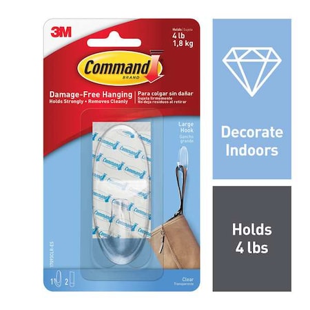Command Hook, Clear, Plastic, 1 in D, 3 in H 17093CLR-ES