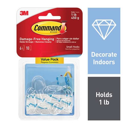 Command Hook, Clear, Plastic, 5/8 in D, PK6 17092CLR-6ES