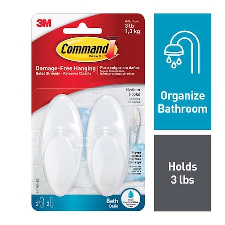 Command Bath Hook, White, Plastic, 1 1/8 in D, PK2 BATH18-EF