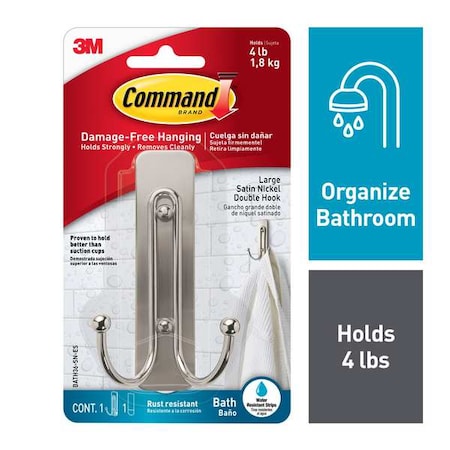 Command Bath Hook, Nickel, Metal, 1 5/8 in D BATH36-SN-ES