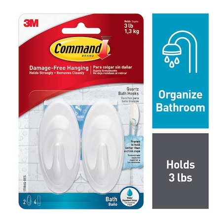 Command Bath Hook, Quartz, Plastic, 1 1/4 in D, PK2 17086Q-BES