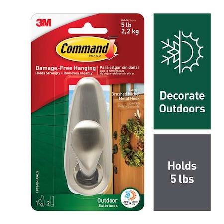 Command Hook, Nickel, Metal, 1 5/8 in D FC13-BN-AWES