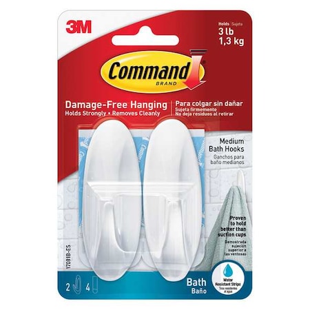 Command Hook, White, Plastic, 1 1/8 in D, PK2 17081B-ES