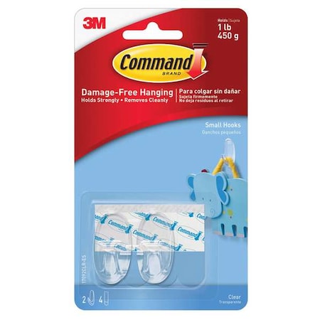 Command Hook, Clear, Plastic, 5/8 in D, PK2 17092CLR-ES
