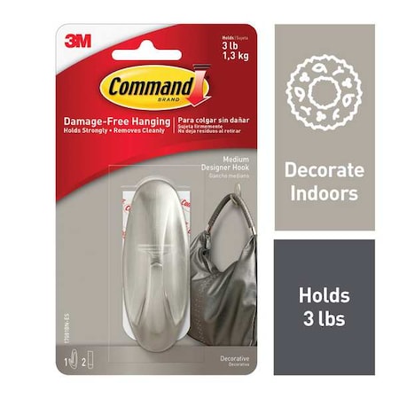 Command Hook, Gray, Plastic, 1 1/8 in D 17081BN-ES