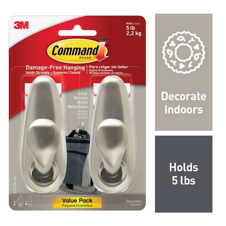 Command Hook, Nickel, Metal, 1 5/8 in D, PK2 FC13-BN-2ES