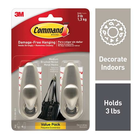 Command Hook, Nickel, Metal, 1 1/4 in D, PK2 FC12-BN-2ES